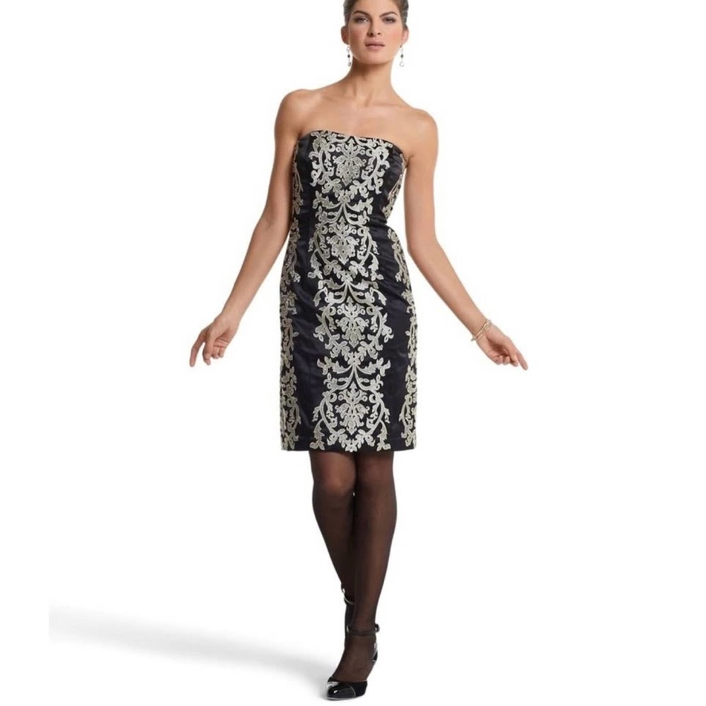 White House Black Market Strapless Mini Dress Size 2 Black Embroidered Satin